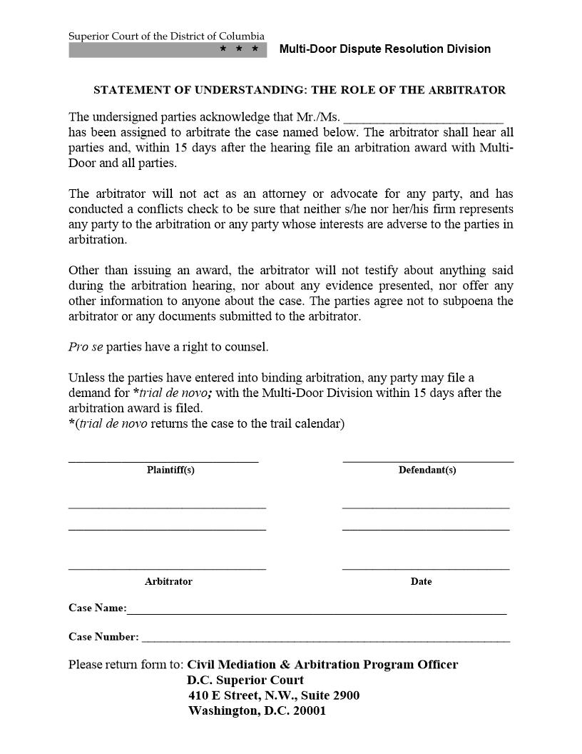 Statement Of Understanding The Role Of The Arbitrator | Pdf Fpdf Docx | District Of Columbia