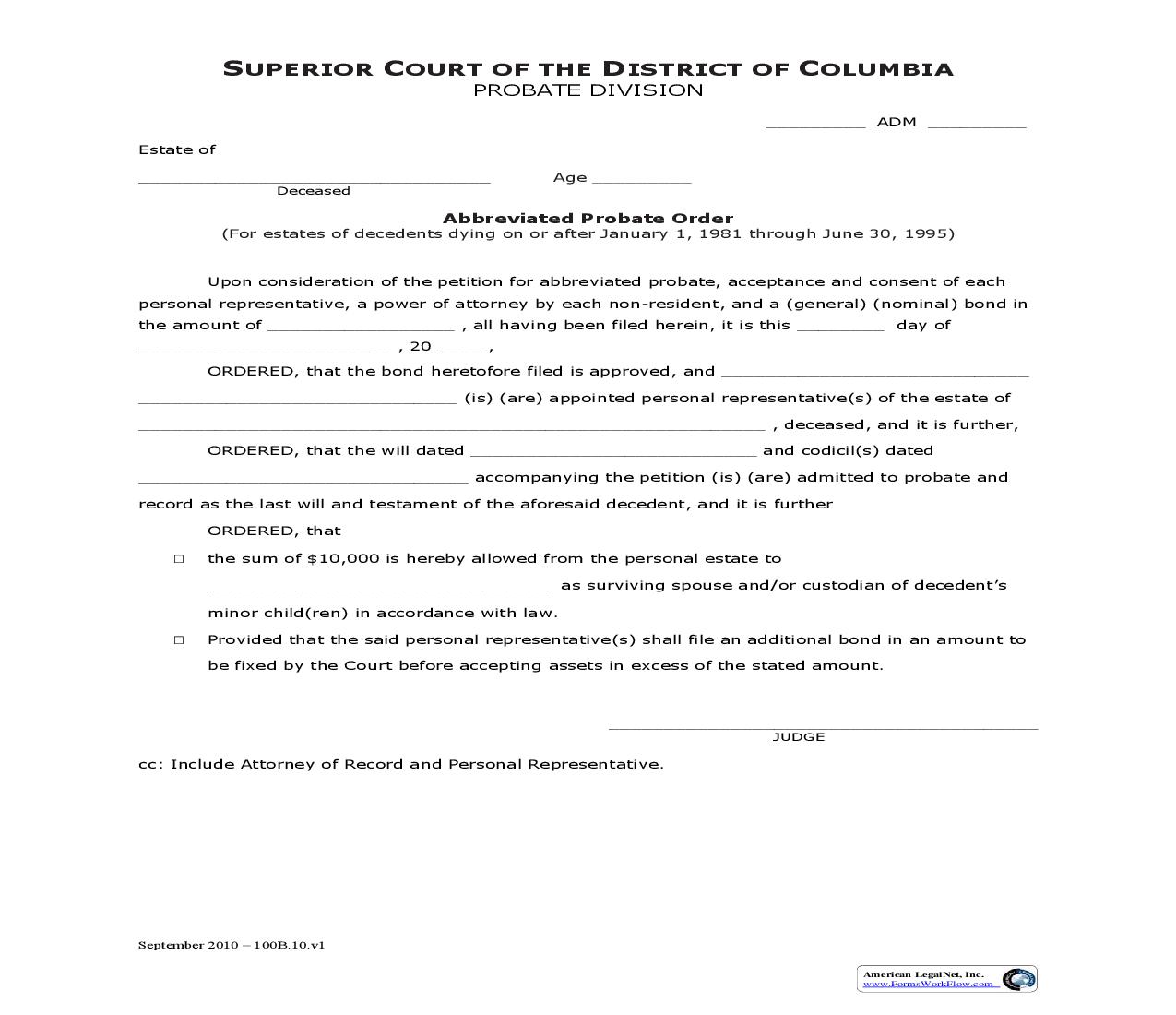 Abbreviated Probate Order | Pdf Fpdf Doc Docx | District Of Columbia