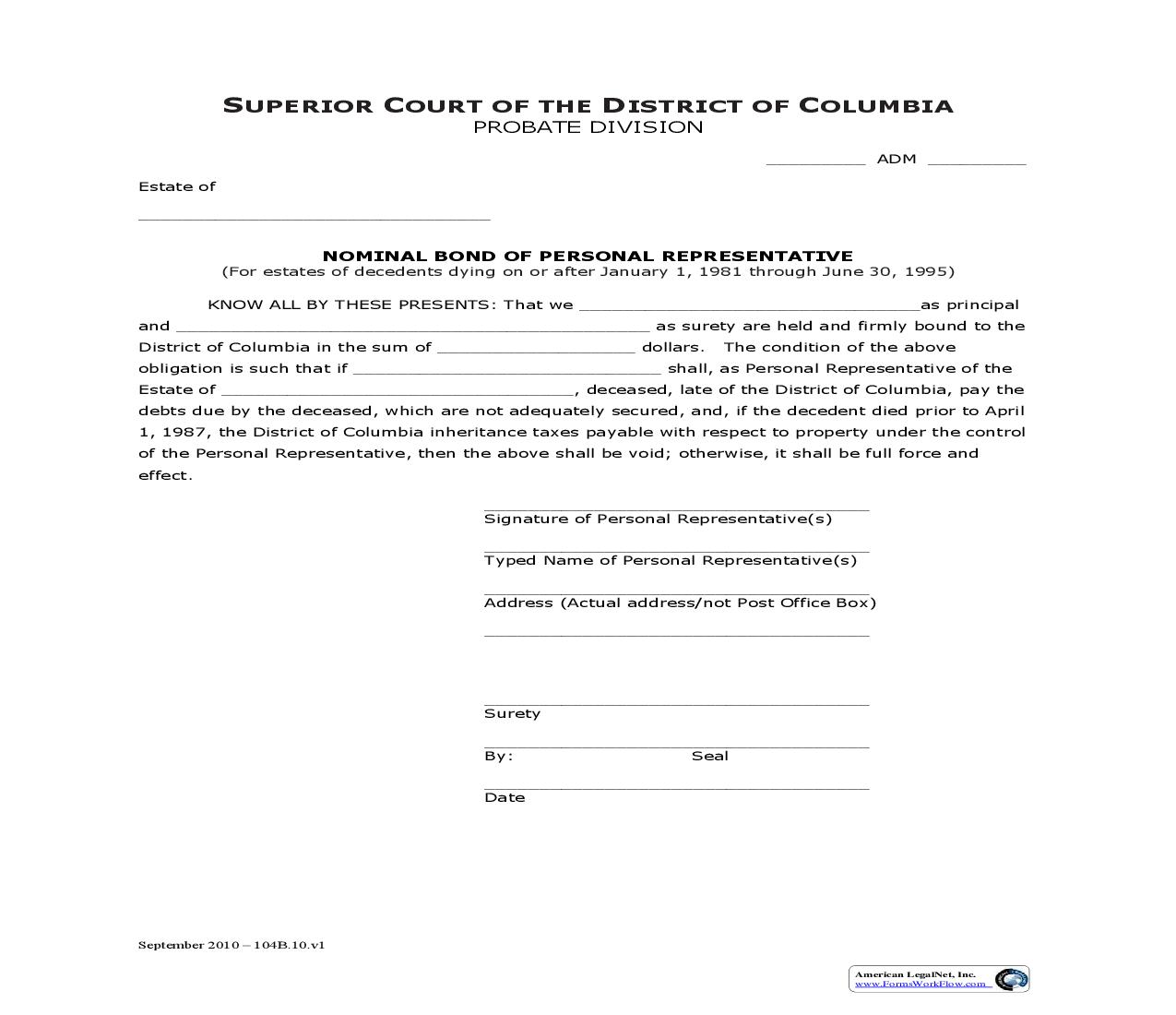 Nominal Bond Of Personal Representative | Pdf Fpdf Doc Docx | District Of Columbia