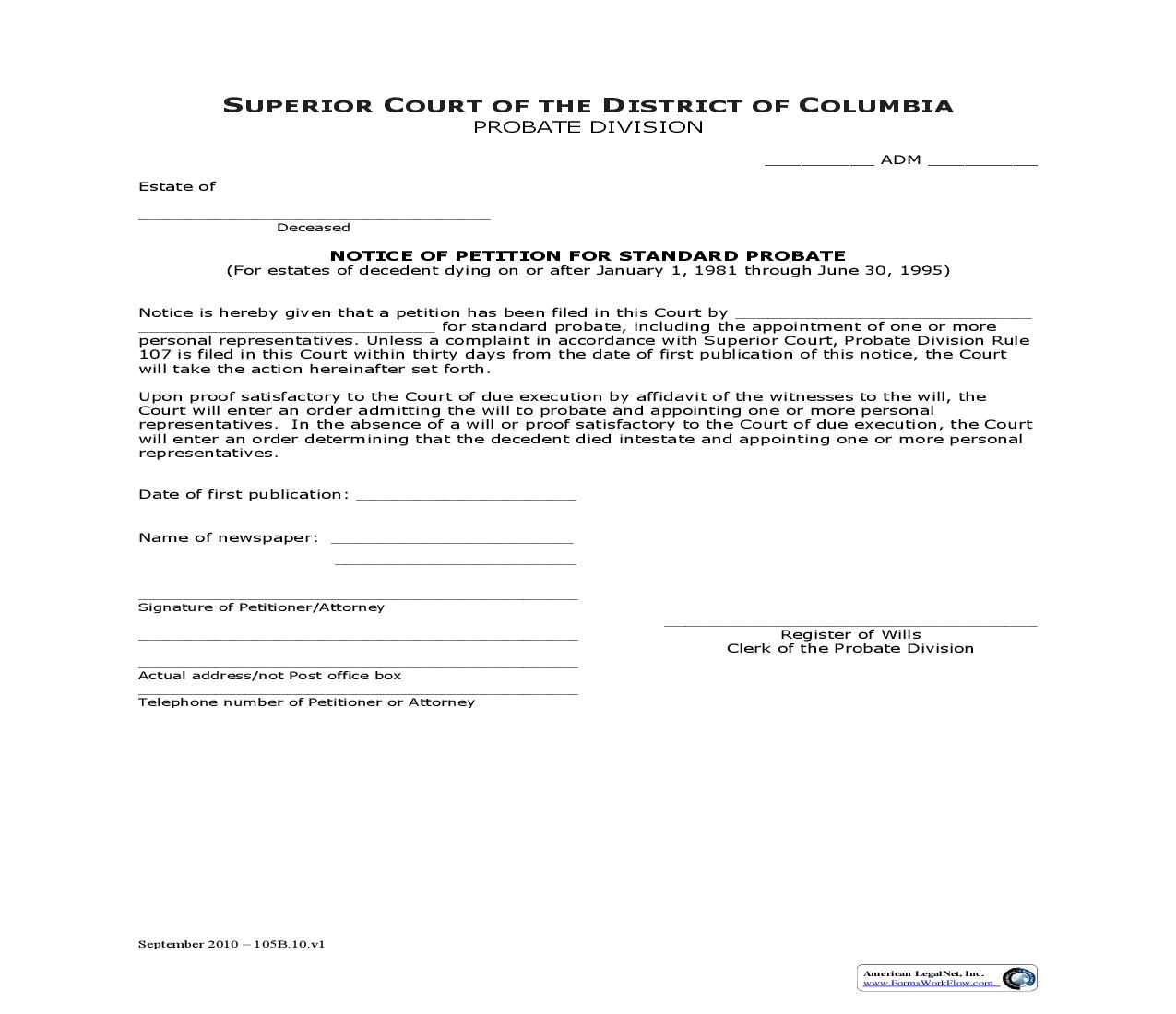 Notice Of Petition For Standard Probate | Pdf Fpdf Doc Docx | District Of Columbia