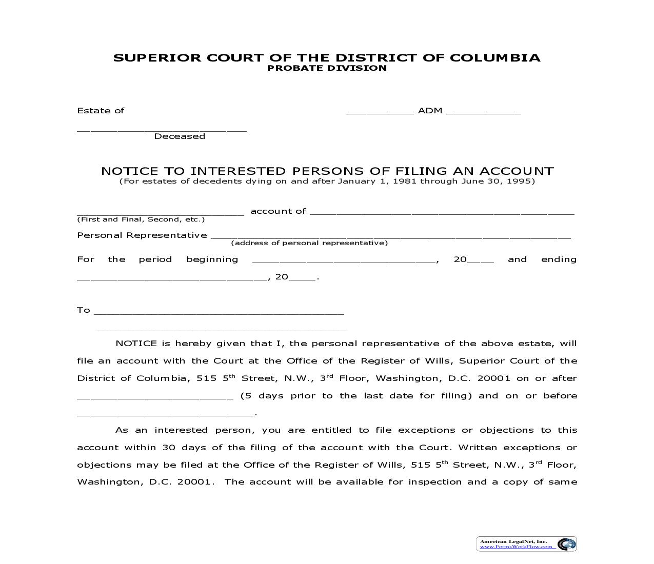 Notice To Interested Persons Of Filing Account | Pdf Fpdf Doc Docx | District Of Columbia