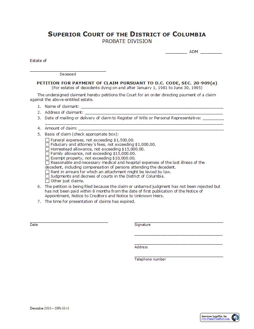 Petition For Payment Of Claim | Pdf Fpdf Docx | District Of Columbia