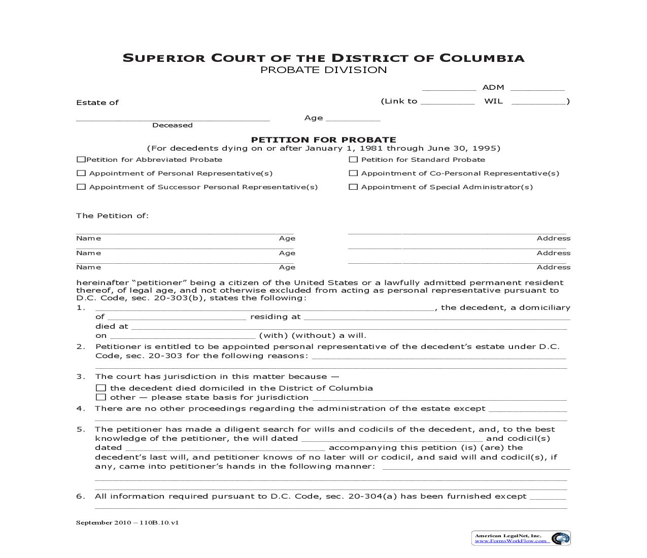 Petition For Probate | Pdf Fpdf Doc Docx | District Of Columbia