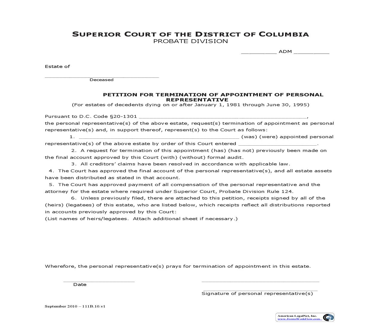 Petition For Termincation Of Appointment Of Personal Representative | Pdf Fpdf Doc Docx | District Of Columbia