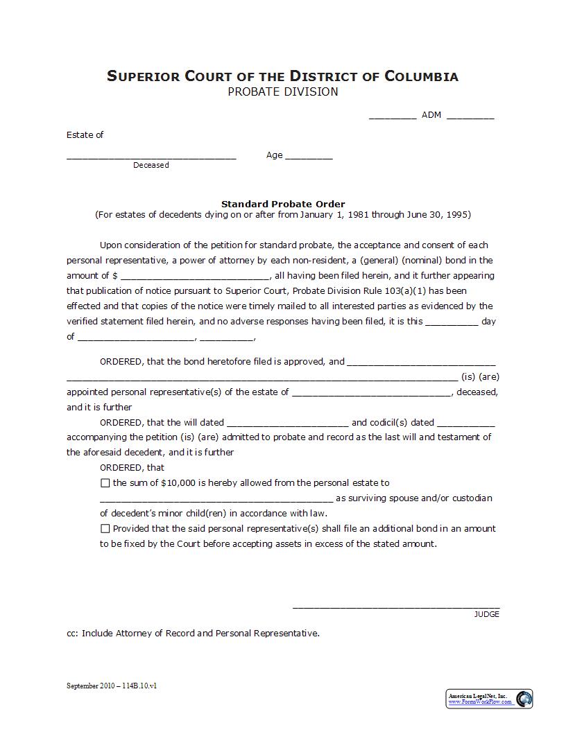 Standard Probate Order | Pdf Fpdf Docx | District Of Columbia