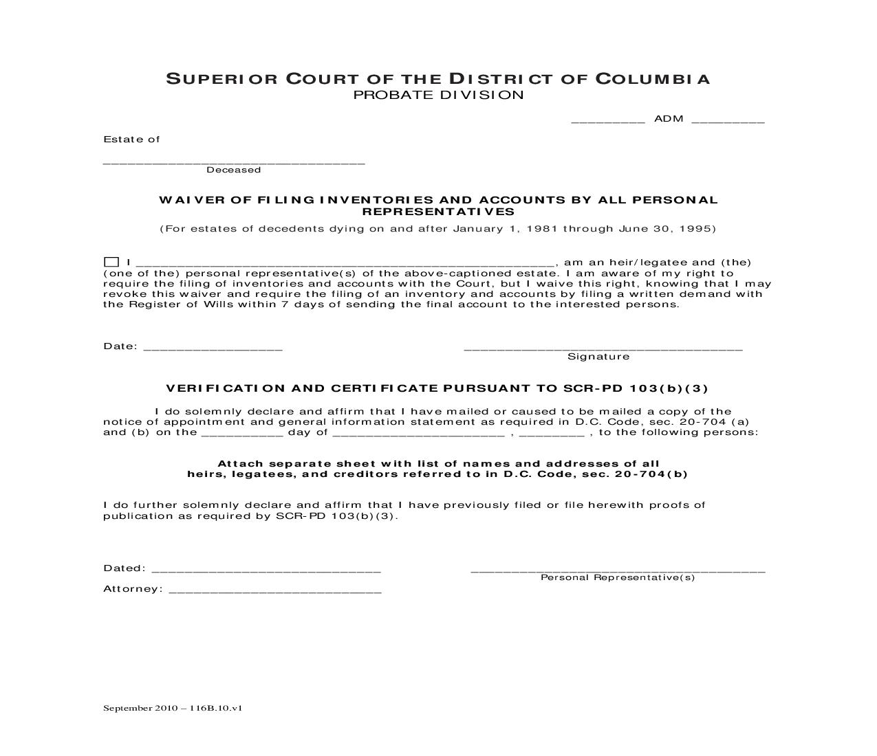 Waiver Of Filing Inventories And Accounts By All Personal Representatives | Pdf Fpdf Doc Docx | District Of Columbia