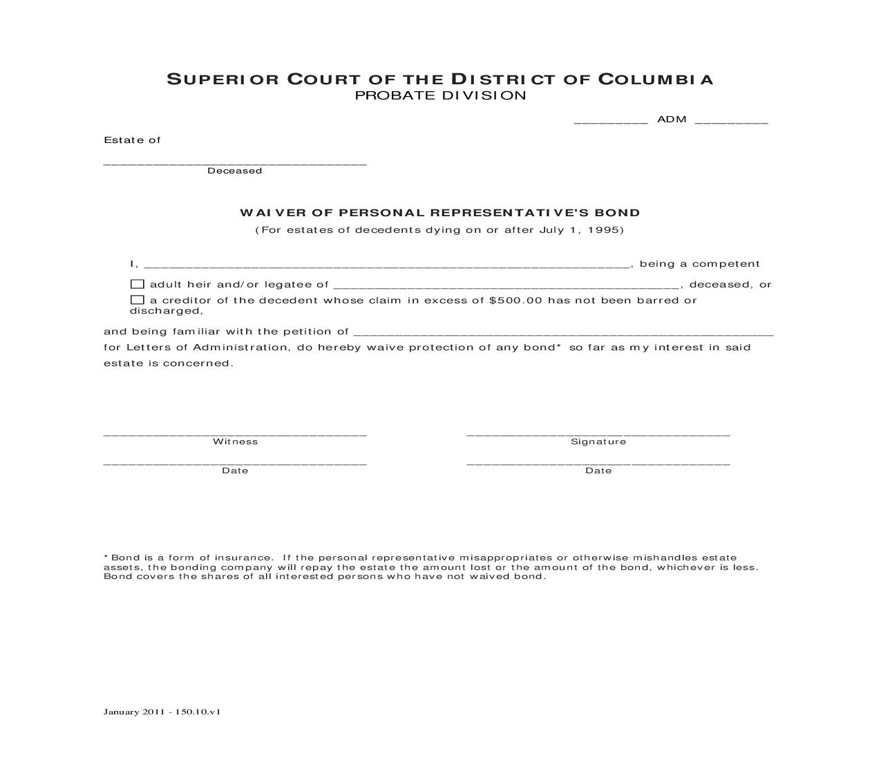 Waiver Of Personal Representatives Bond | Pdf Fpdf Doc Docx | District Of Columbia
