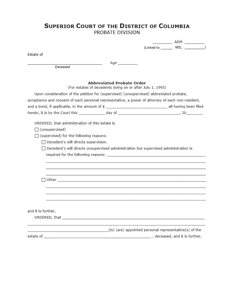 Abbreviated Probate Order | Pdf Fpdf Docx | District Of Columbia