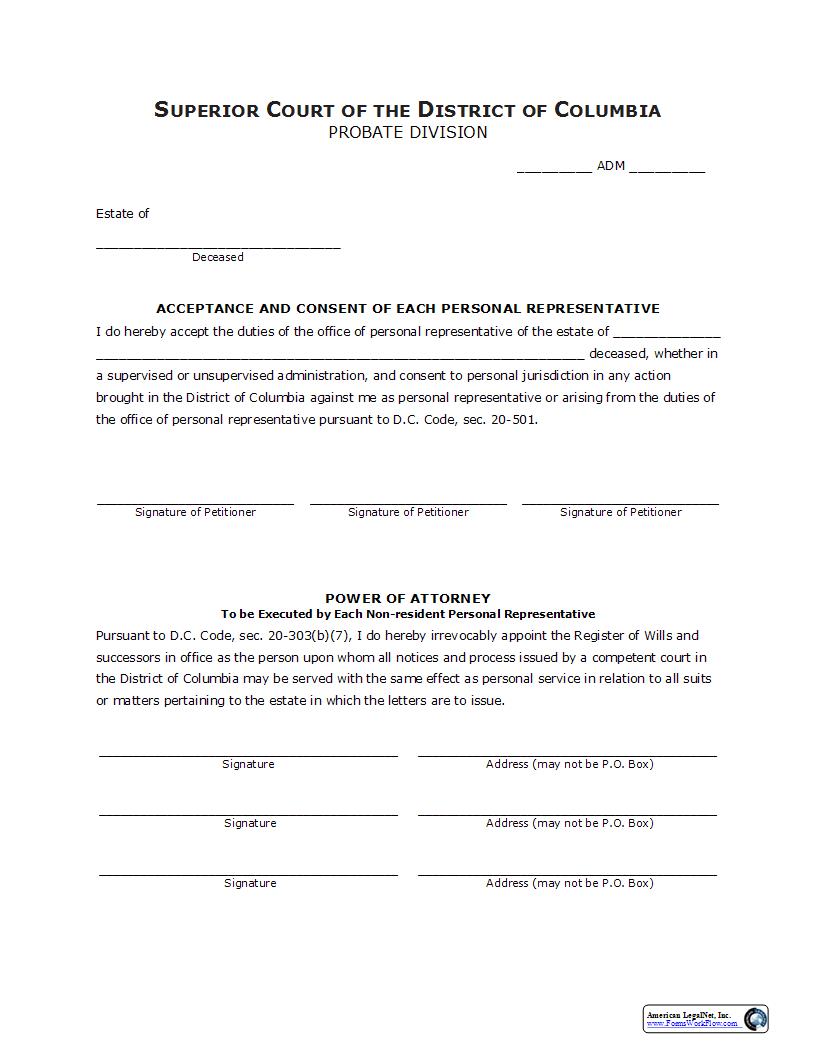 Acceptance And Consent Of Each Personal Representative | Pdf Fpdf Docx | District Of Columbia