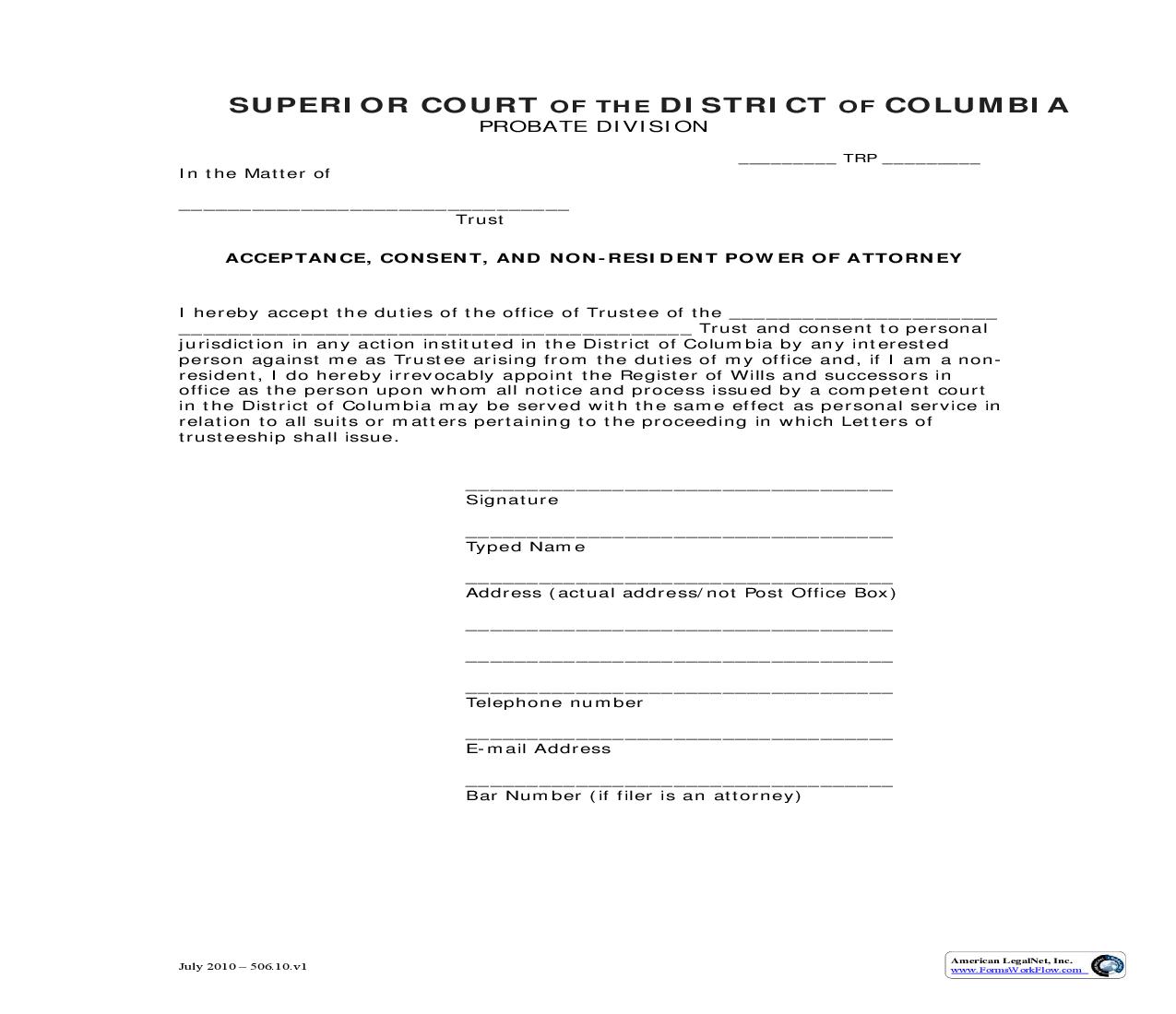 Acceptance Consent And Non Resident Power Of Attorney | Pdf Fpdf Doc Docx | District Of Columbia