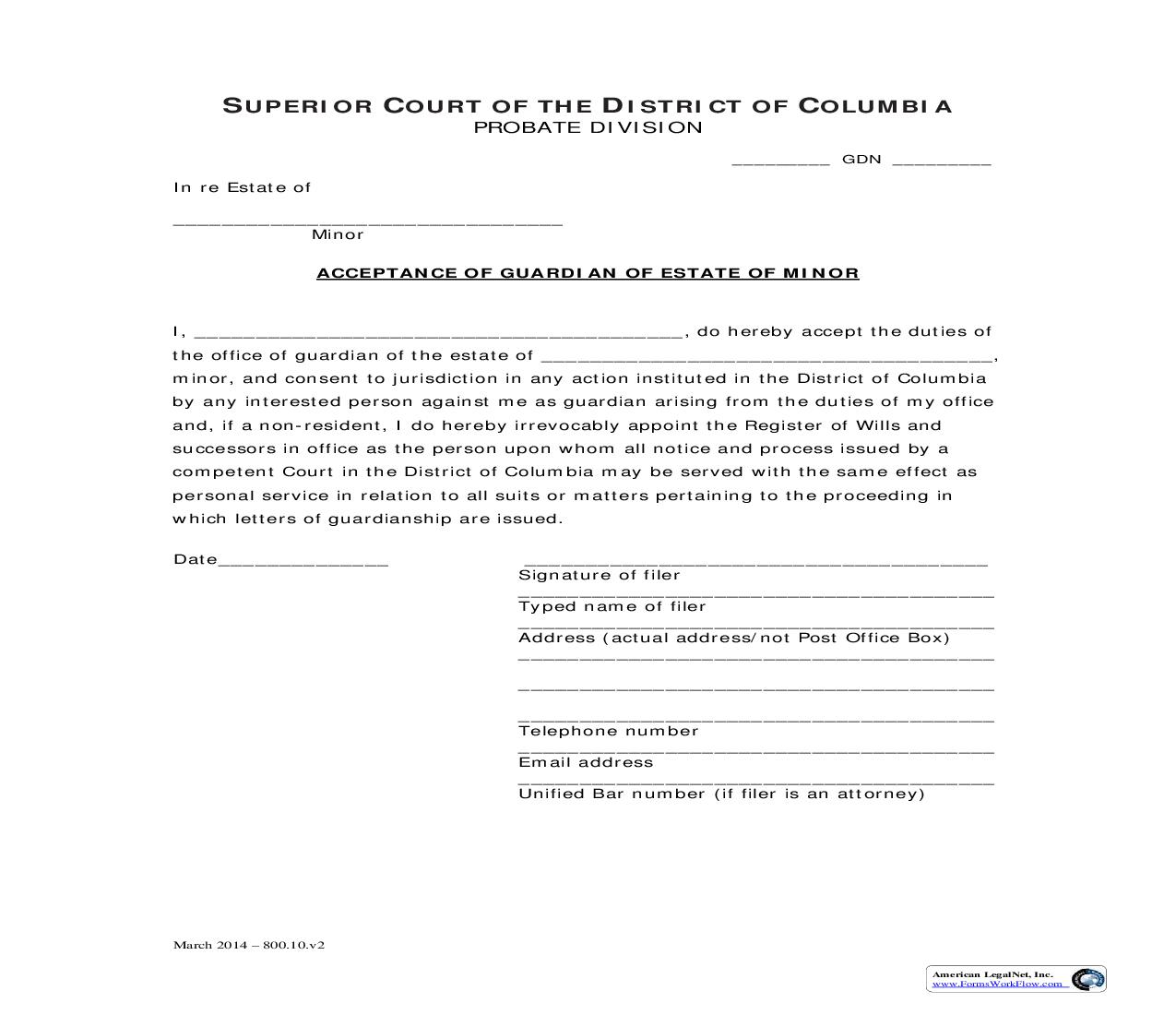 Acceptance Of Guardian Of Estate Of Minor | Pdf Fpdf Doc Docx | District Of Columbia