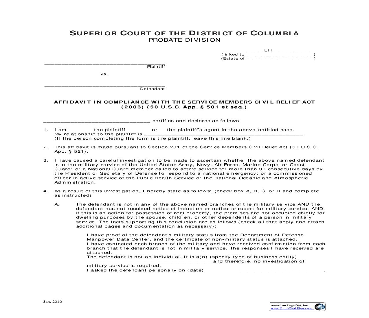 Affidavit In Compliance With The Service Members Civil Relief Act (2003) | Pdf Fpdf Doc Docx | District Of Columbia