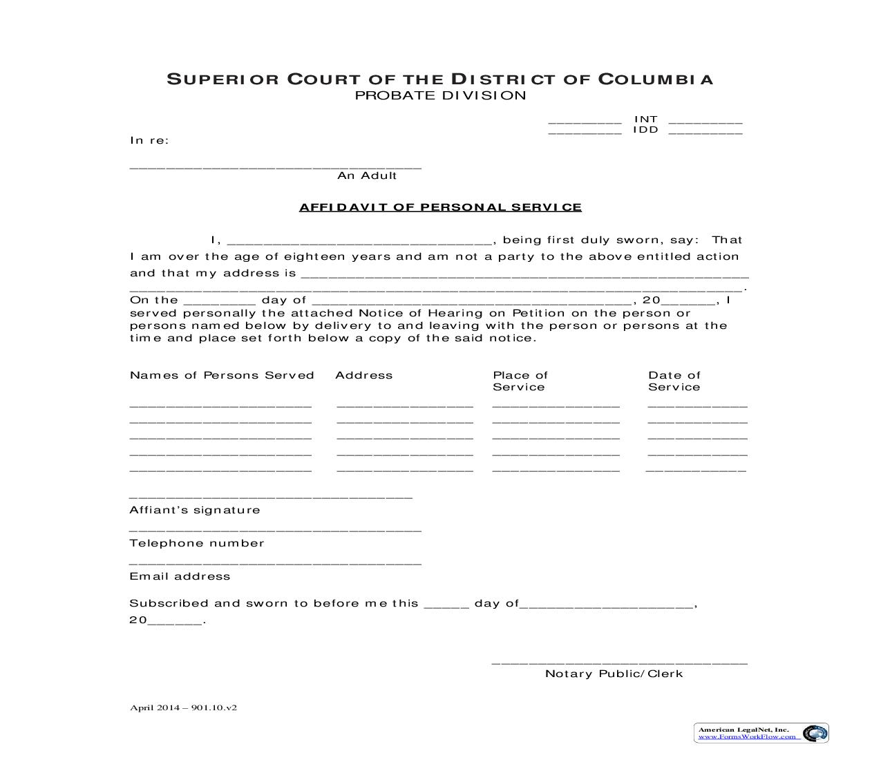 Affidavit Of Personal Service | Pdf Fpdf Doc Docx | District Of Columbia