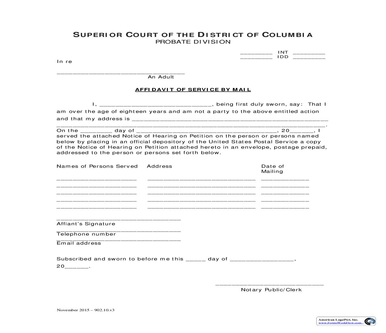 Affidavit Of Service By Mail | Pdf Fpdf Doc Docx | District Of Columbia
