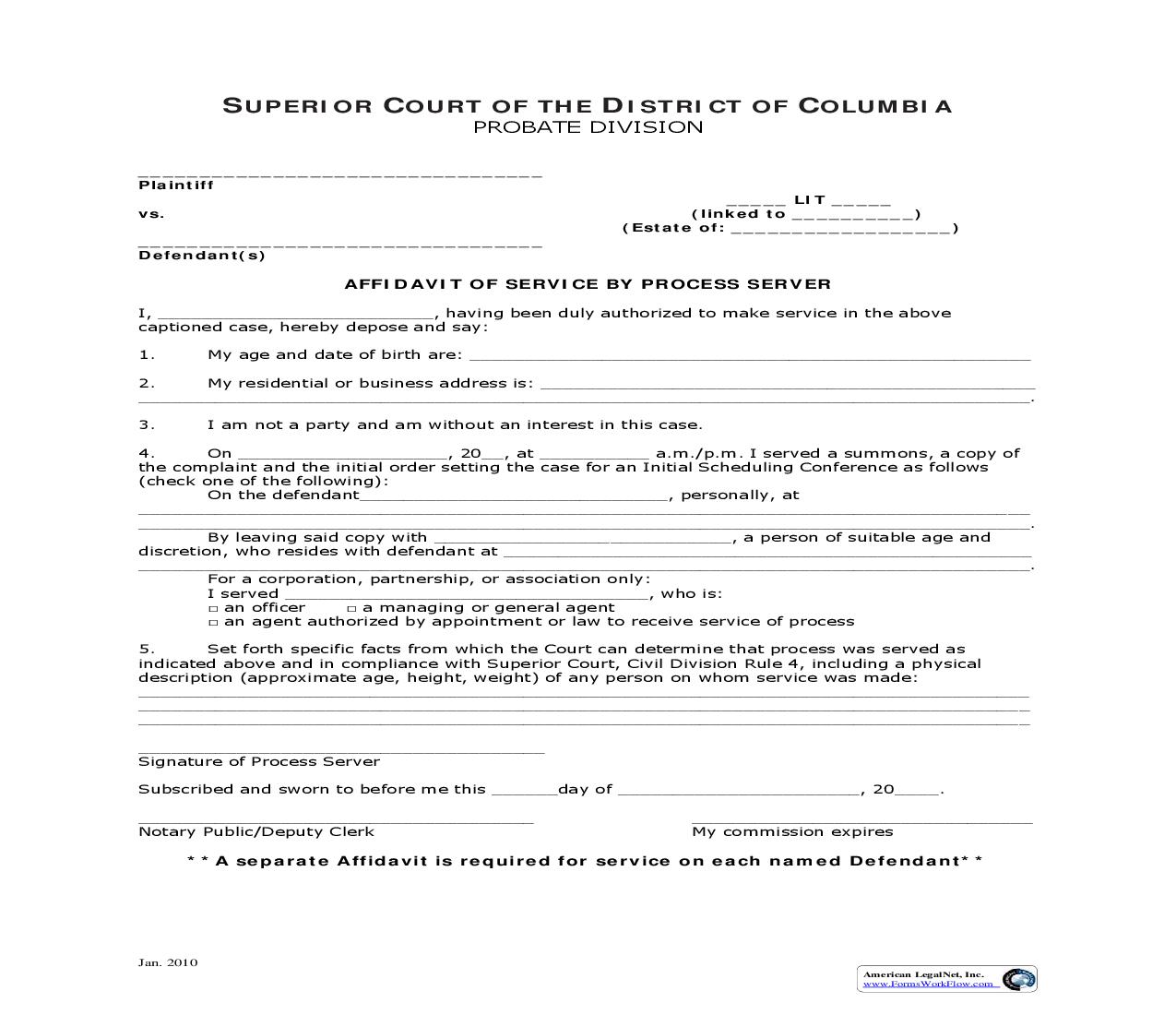 Affidavit Of Service By Process Server | Pdf Fpdf Doc Docx | District Of Columbia
