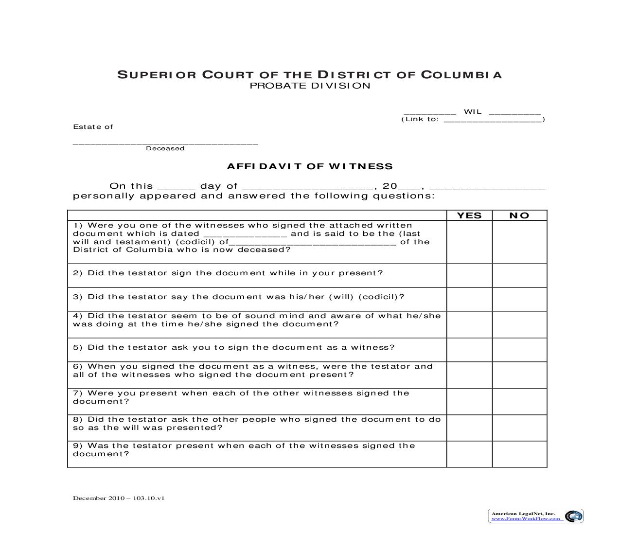 Affidavit Of Witness | Pdf Fpdf Doc Docx | District Of Columbia