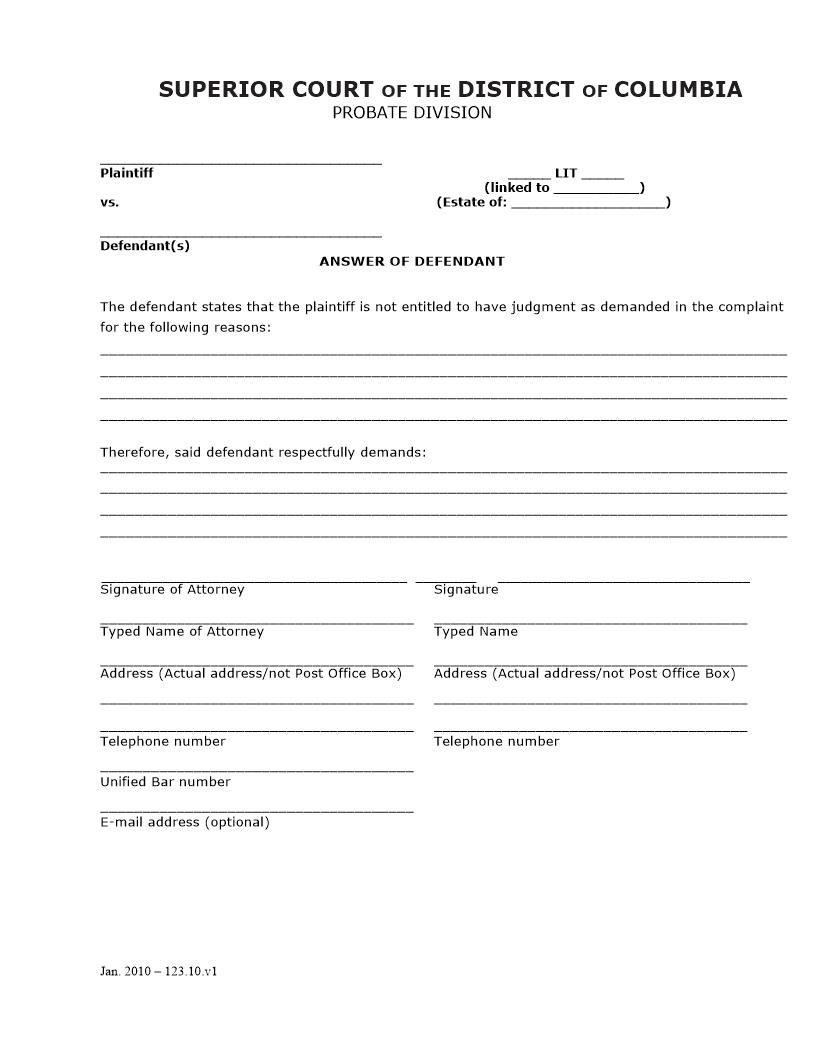 Answer Of Defendant | Pdf Fpdf Doc Docx | District Of Columbia