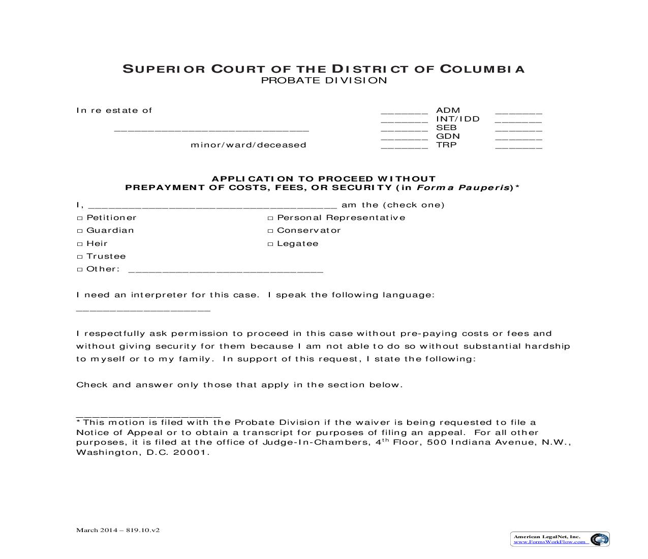 Application To Proceed Without Prepayment Of Costs Fees Or Security | Pdf Fpdf Doc Docx | District Of Columbia