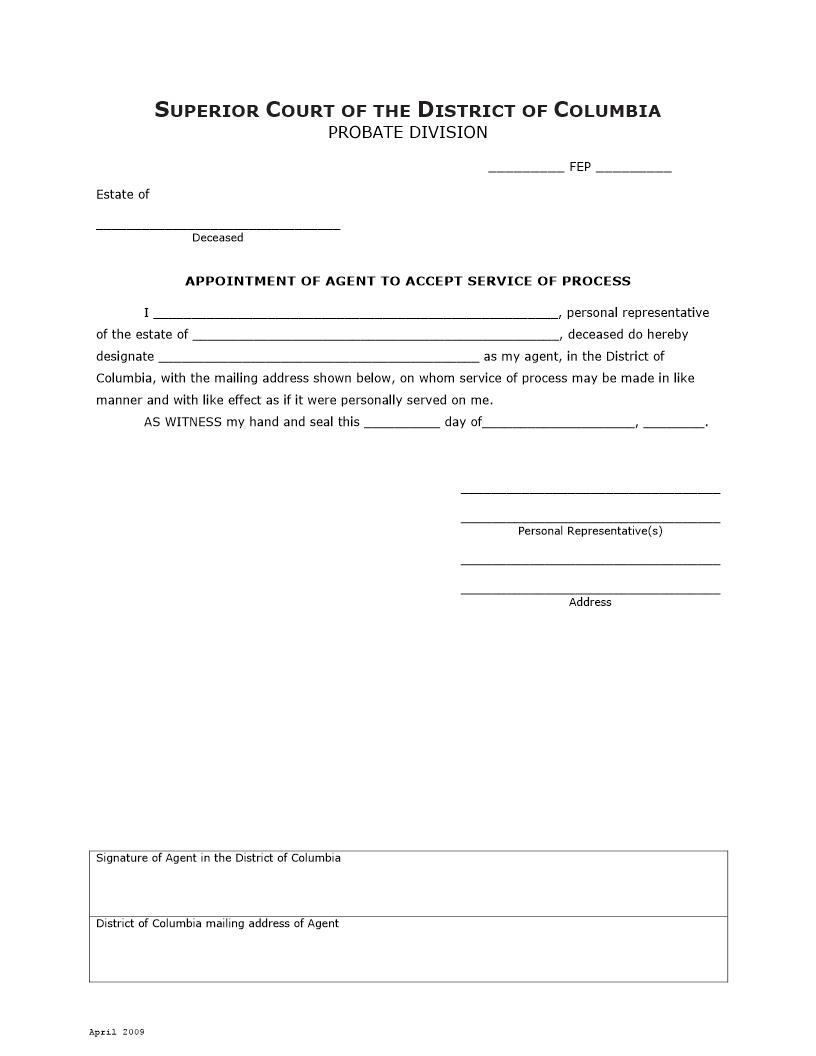 Appointment Of Agent To Accept Service Of Process | Pdf Fpdf Docx | District Of Columbia
