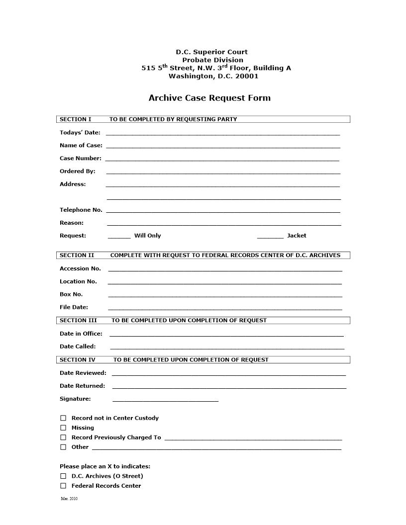 Archive Case Request Form | Pdf Fpdf Docx | District Of Columbia
