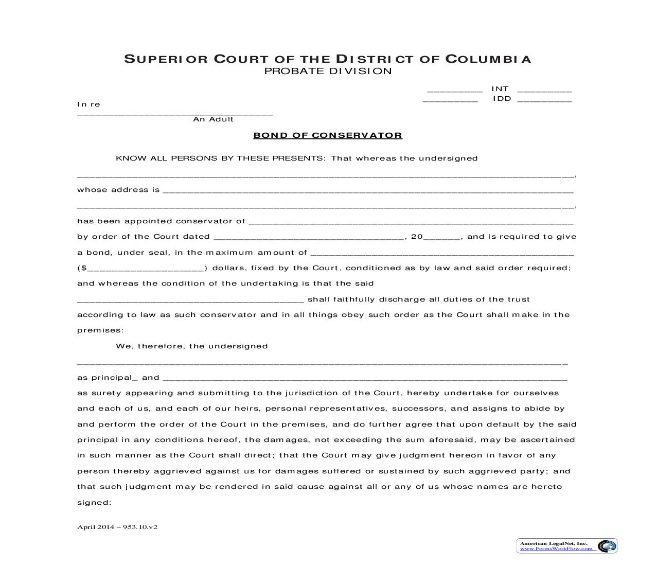 Bond Of Conservator | Pdf Fpdf Doc Docx | District Of Columbia