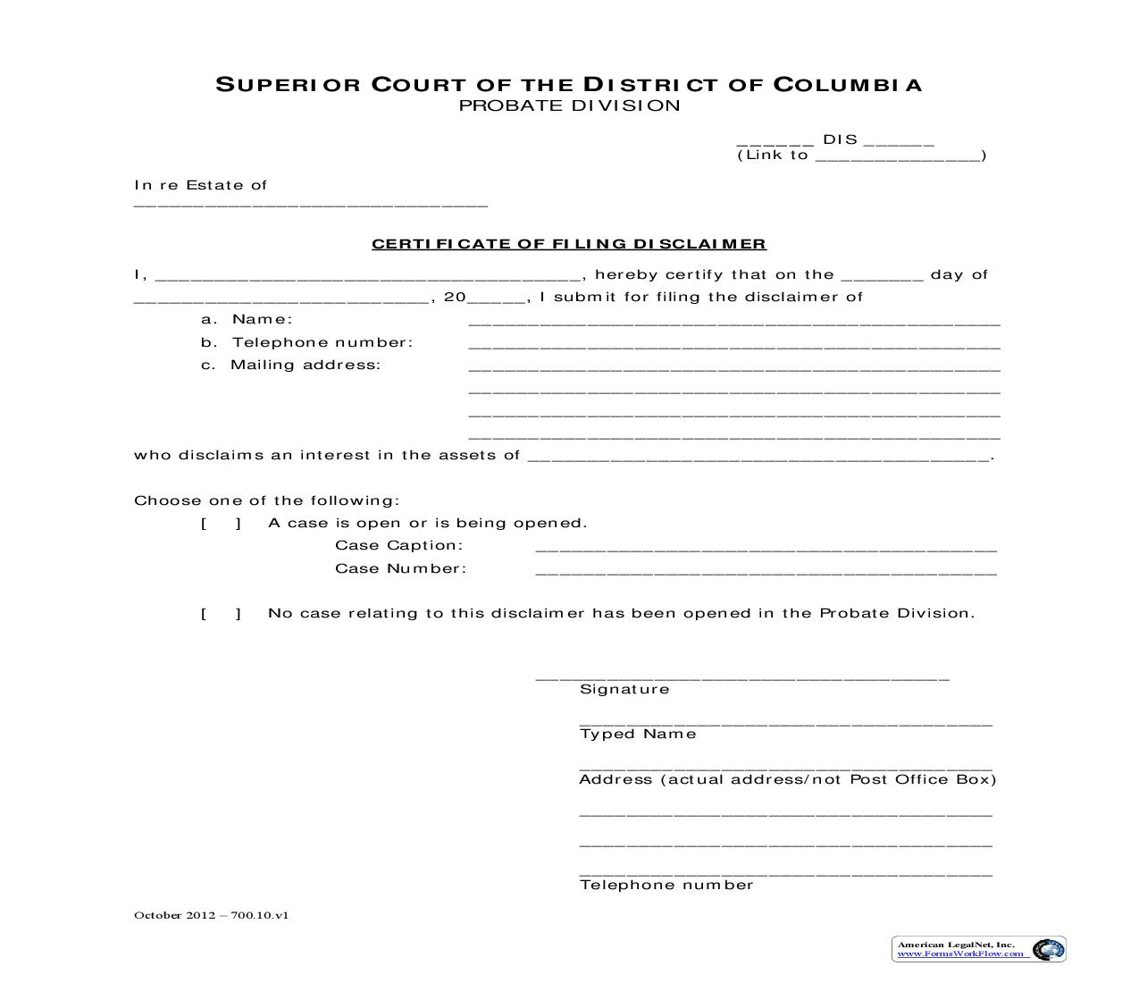 Certificate Of Filing Disclaimer | Pdf Fpdf Doc Docx | District Of Columbia