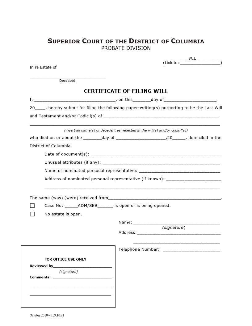 Certificate Of Filing Will | Pdf Fpdf Docx | District Of Columbia