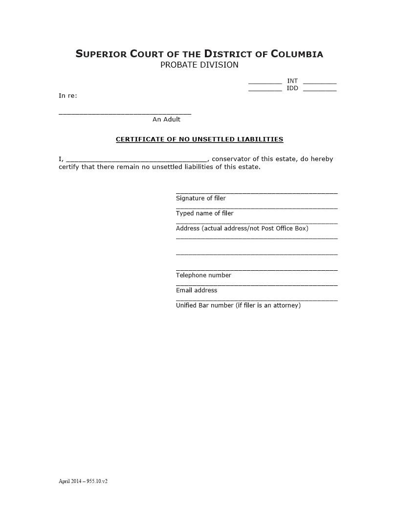 Certificate Of No Unsettled Liabilities | Pdf Fpdf Doc Docx | District Of Columbia