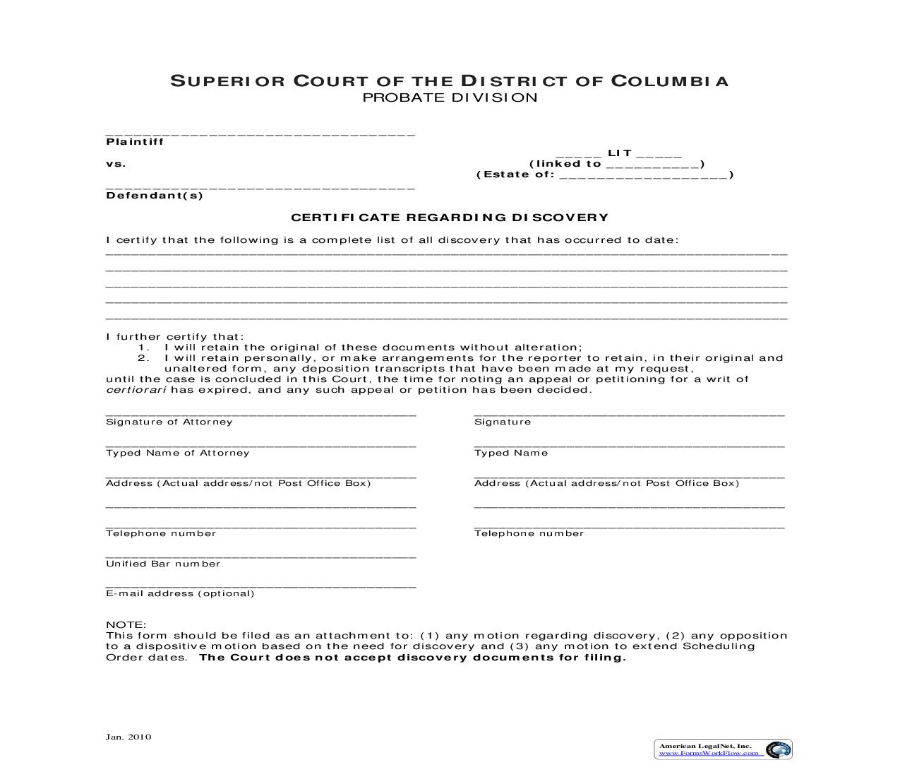 Certificate Regarding Discovery | Pdf Fpdf Doc Docx | District Of Columbia