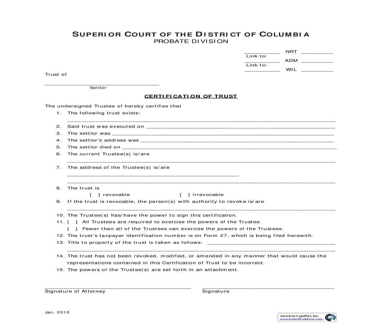 Certification Of Trust | Pdf Fpdf Doc Docx | District Of Columbia