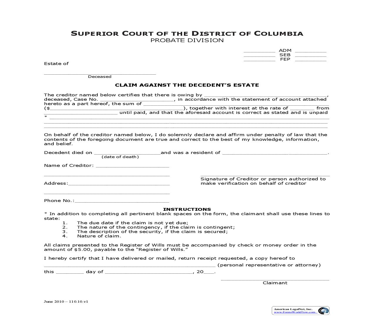 Claim Against Decedents Estate | Pdf Fpdf Doc Docx | District Of Columbia