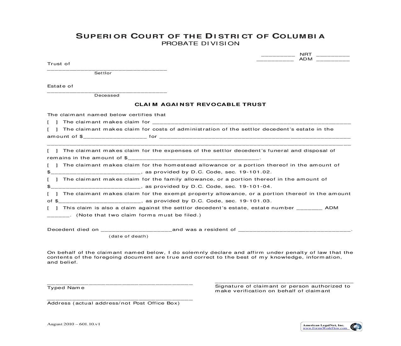 Claim Against Revocable Trust | Pdf Fpdf Doc Docx | District Of Columbia