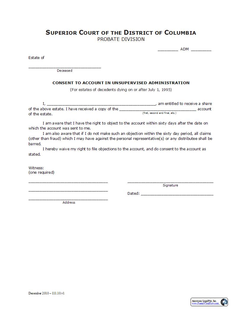 Consent To Account In Unsupervised Administration (After 7-1-95) | Pdf Fpdf Docx | District Of Columbia