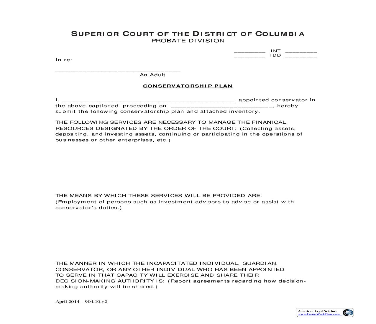 Conservatorship Plan | Pdf Fpdf Doc Docx | District Of Columbia