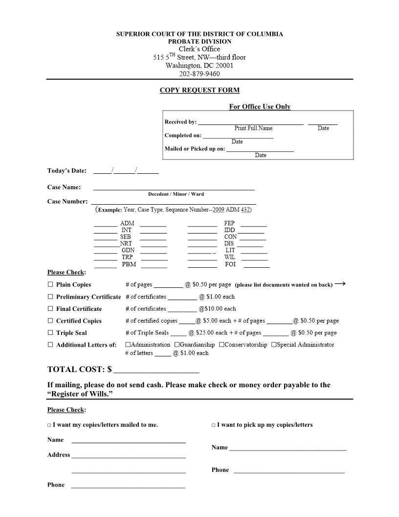 Copy Request Form | Pdf Fpdf Docx | District Of Columbia