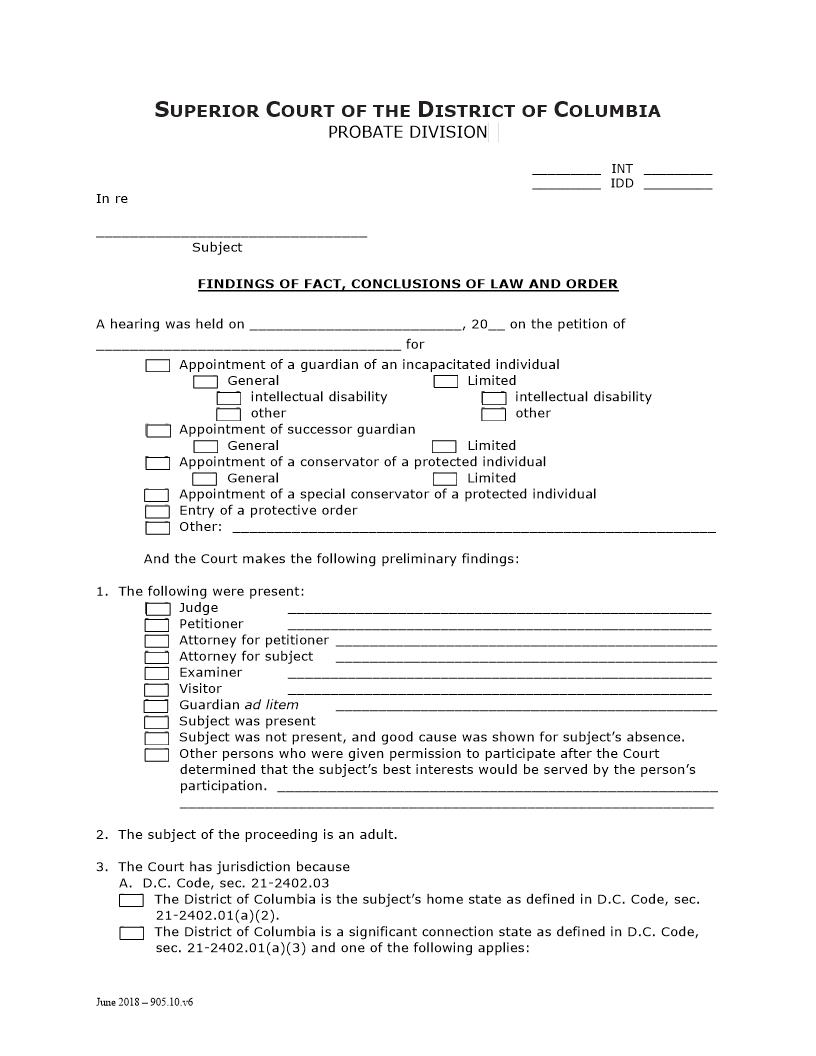 Findings Of Fact Conclusions Of Law And Order | Pdf Fpdf Doc Docx | District Of Columbia