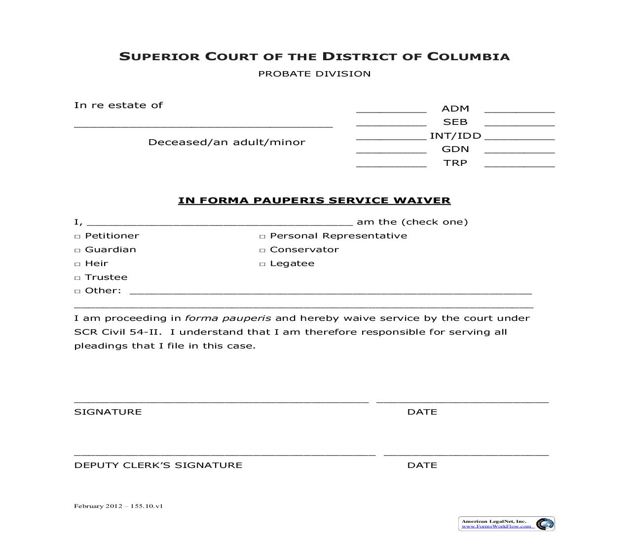 In Forma Pauperis Service Waiver | Pdf Fpdf Doc Docx | District Of Columbia
