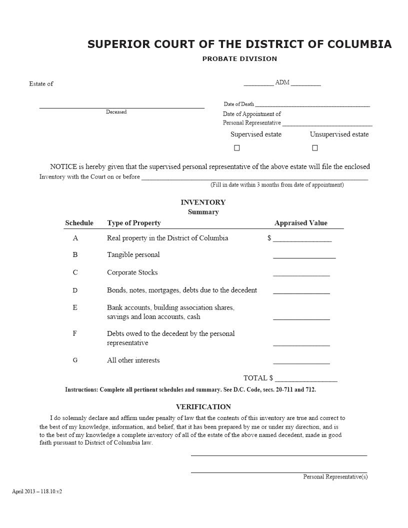 Inventory Summary And Schedule | Pdf Fpdf Doc Docx | District Of Columbia