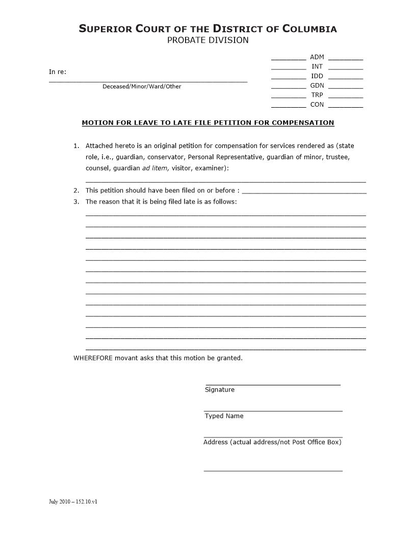 Motion For Leave To Late File Petition For Compensation | Pdf Fpdf Doc Docx | District Of Columbia