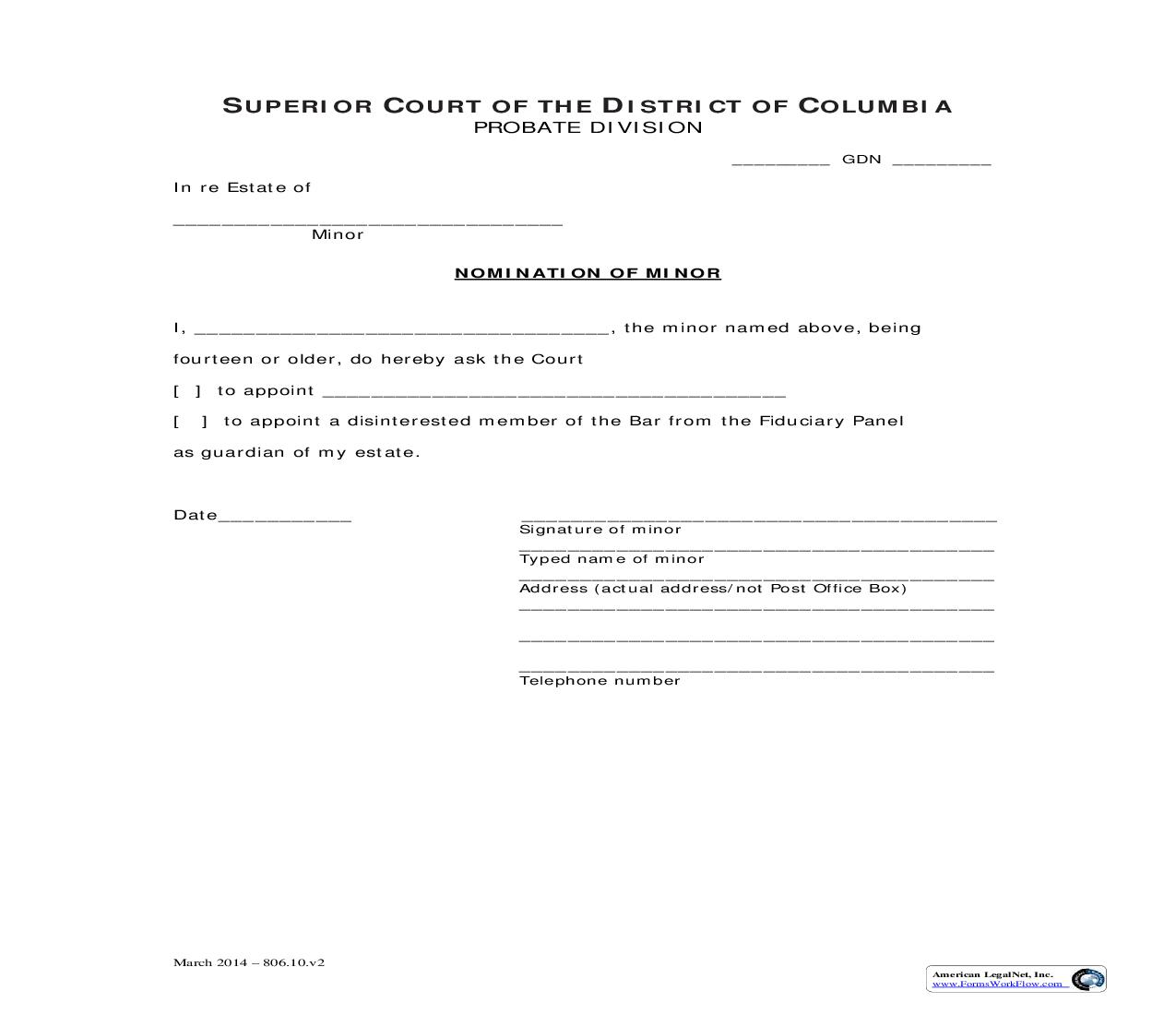 Nomination Of Minor | Pdf Fpdf Doc Docx | District Of Columbia