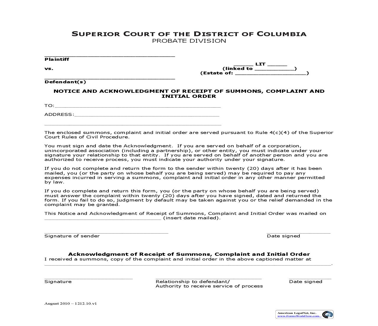 Notice And Acknowledgment Of Receipt Of Summons Complaint And Initial Order | Pdf Fpdf Doc Docx | District Of Columbia