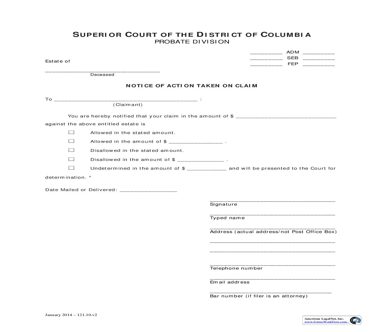 Notice Of Action Taken On Claim | Pdf Fpdf Doc Docx | District Of Columbia