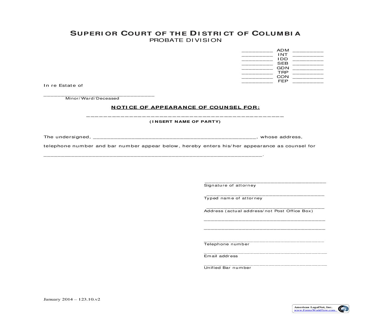 Notice Of Appearance Of Counsel For | Pdf Fpdf Doc Docx | District Of Columbia