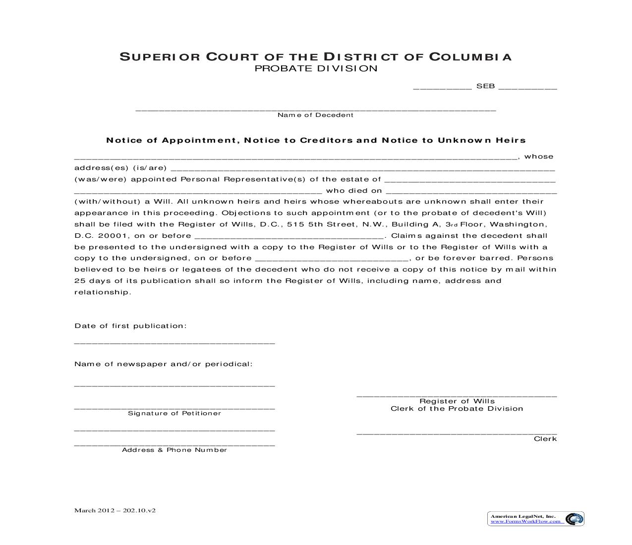 Notice Of Appointment Notice To Creditors And Notice To Unknown Heirs | Pdf Fpdf Doc Docx | District Of Columbia