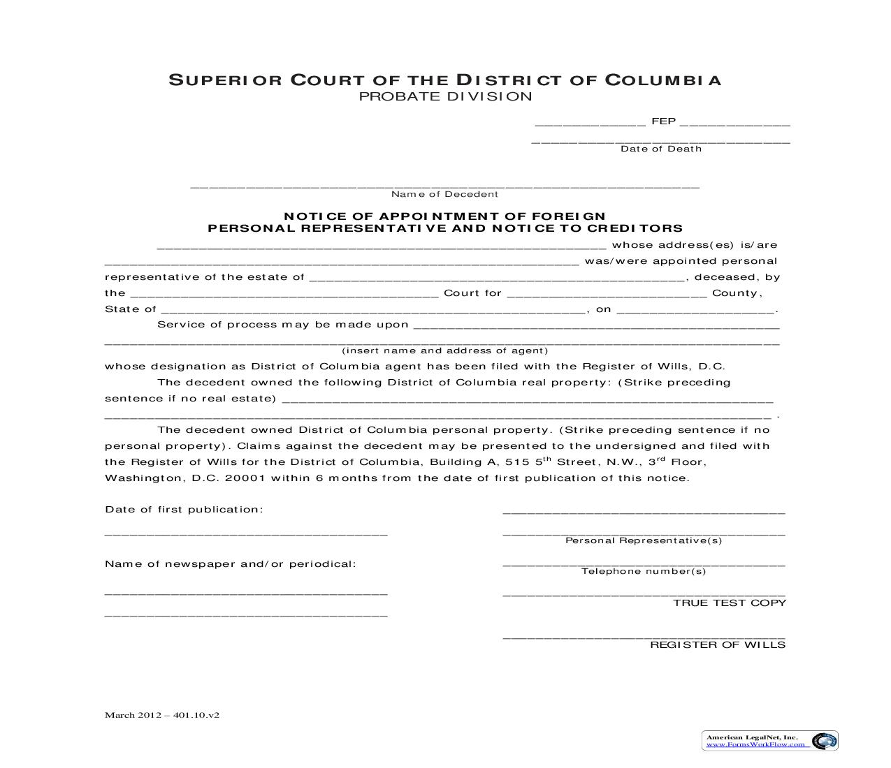 Notice Of Appointment Of Foreign Personal Representative And Notice To Creditors | Pdf Fpdf Doc Docx | District Of Columbia