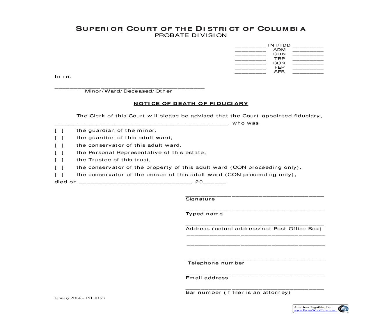 Notice Of Death Fiduciary | Pdf Fpdf Doc Docx | District Of Columbia