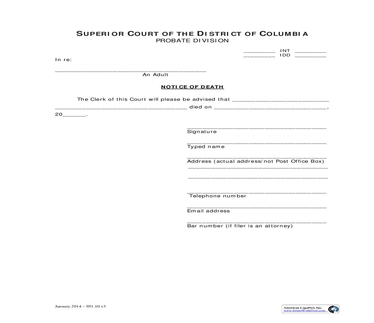 Notice Of Death | Pdf Fpdf Doc Docx | District Of Columbia