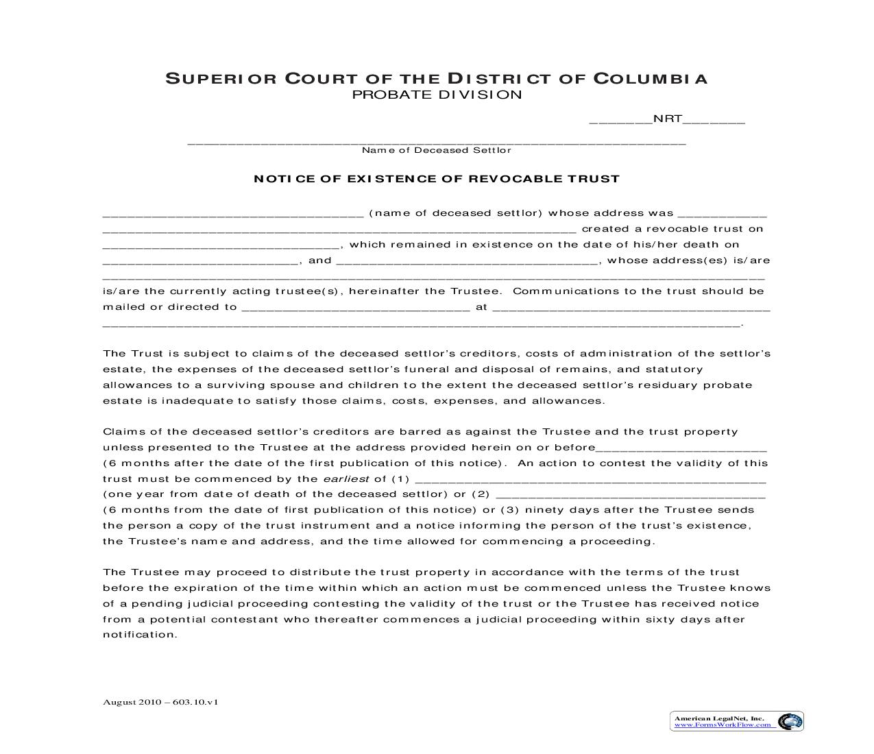 Notice Of Existence Of Revocable Trust | Pdf Fpdf Doc Docx | District Of Columbia