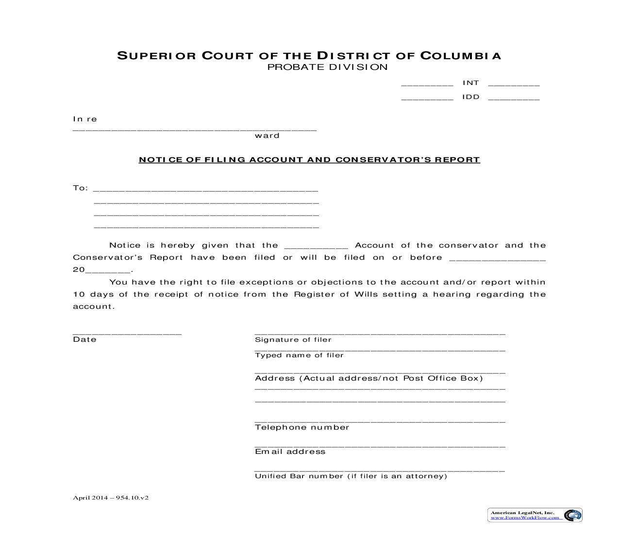 Notice Of Filing Account And Conservators Report | Pdf Fpdf Doc Docx | District Of Columbia