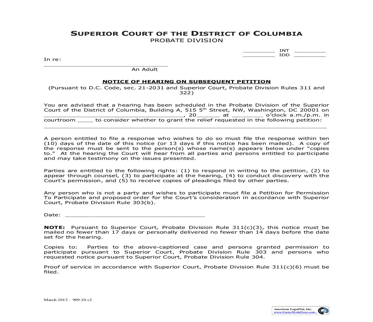 Notice Of Hearing On Subsequent Petition {PD-1879(A)} | Pdf Fpdf Doc Docx | District Of Columbia